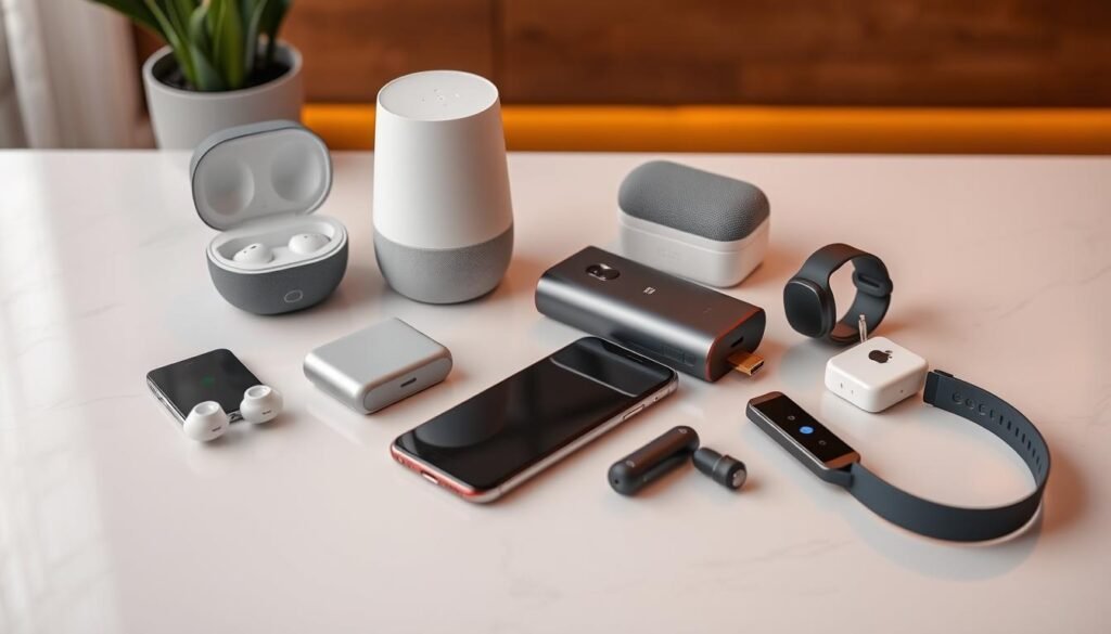 Collection of tech gadgets popular with millennials including wireless earbuds, smart home devices, and portable chargers