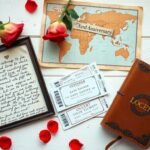 Collection of traditional paper 1 year anniversary gift ideas including love letters, custom maps, and ticket stubs