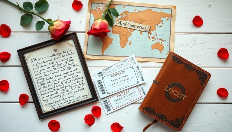 Collection of traditional paper 1 year anniversary gift ideas including love letters, custom maps, and ticket stubs