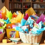 Colorful kids gift baskets with toys, books, and treats arranged in a festive display