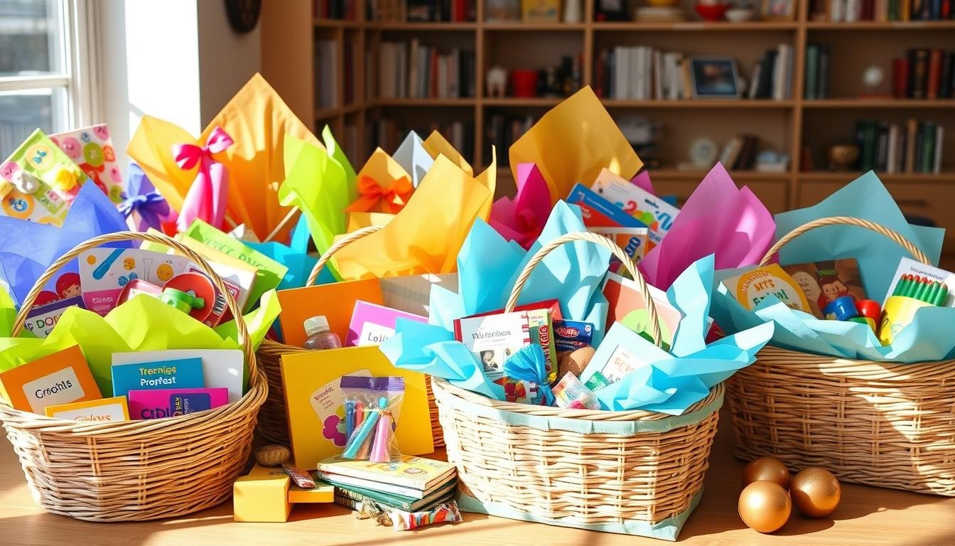 Colorful kids gift baskets with toys, books, and treats arranged in a festive display