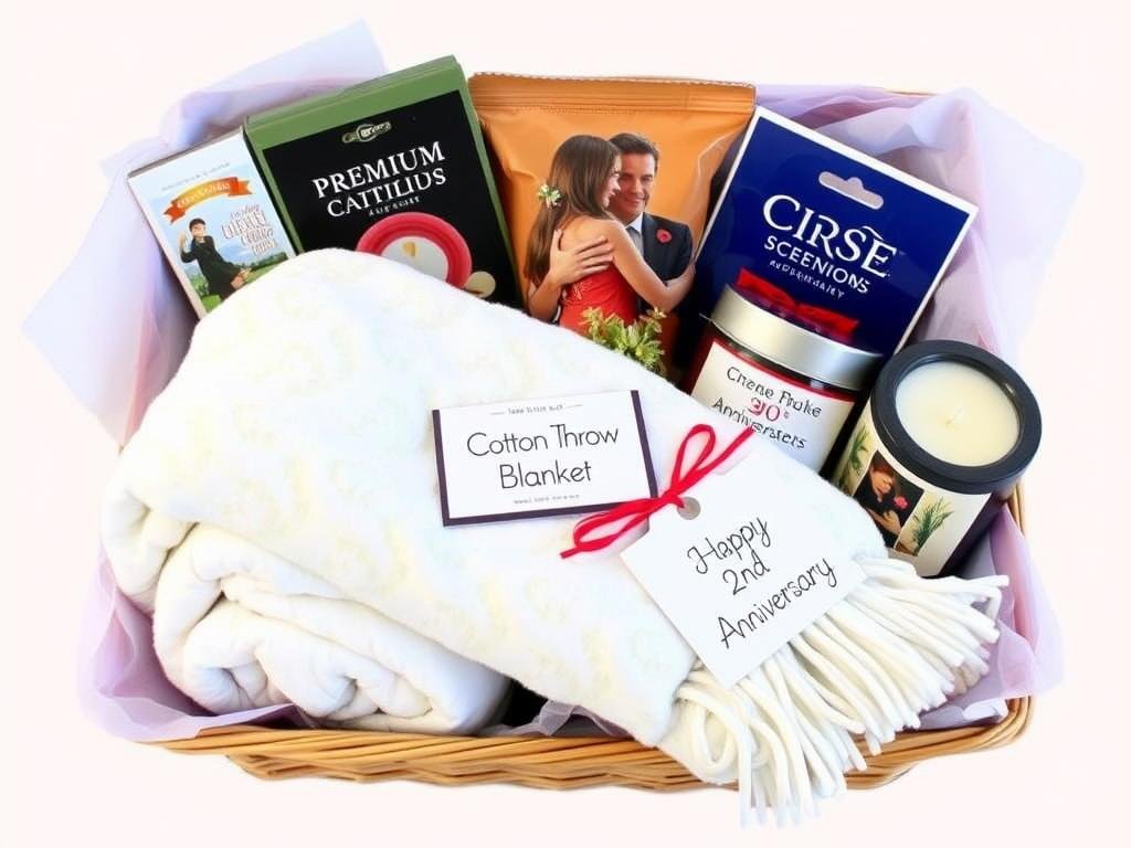 Comfort night in basket with cotton throw for 2 year anniversary gift