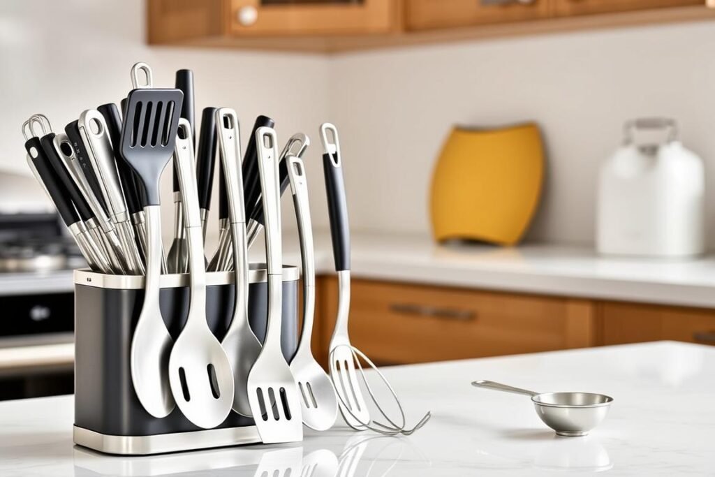 Complete kitchen utensil set with stainless steel tools in a holder