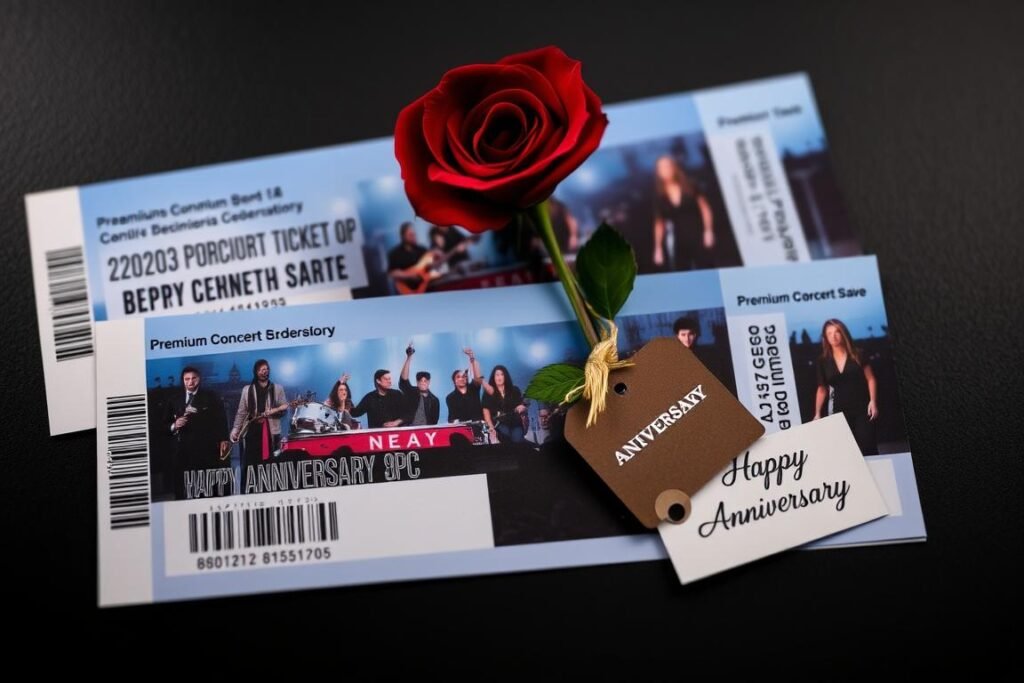 Concert tickets as anniversary gift with rose