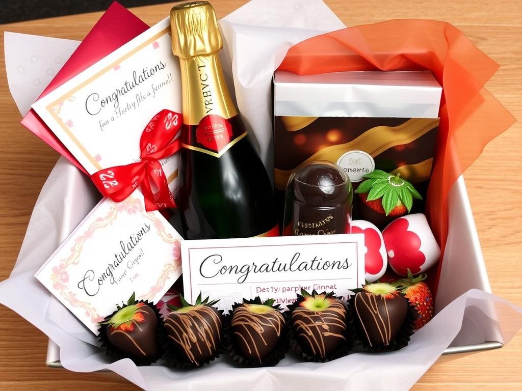 Congratulations gift with champagne and treats for neighbors