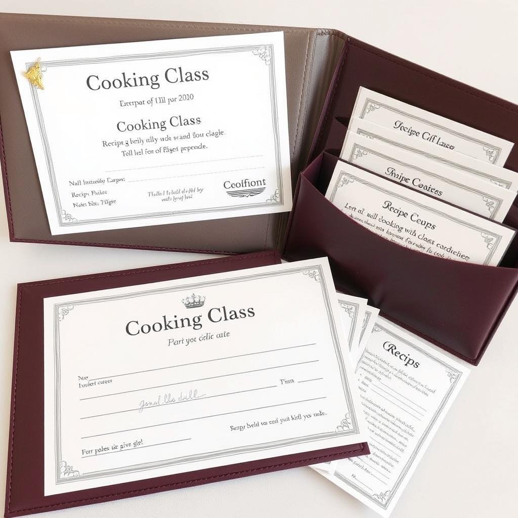 Cooking class gift certificate with recipe cards in a presentation folder Cooking class gift certificate with recipe cards in a presentation folder