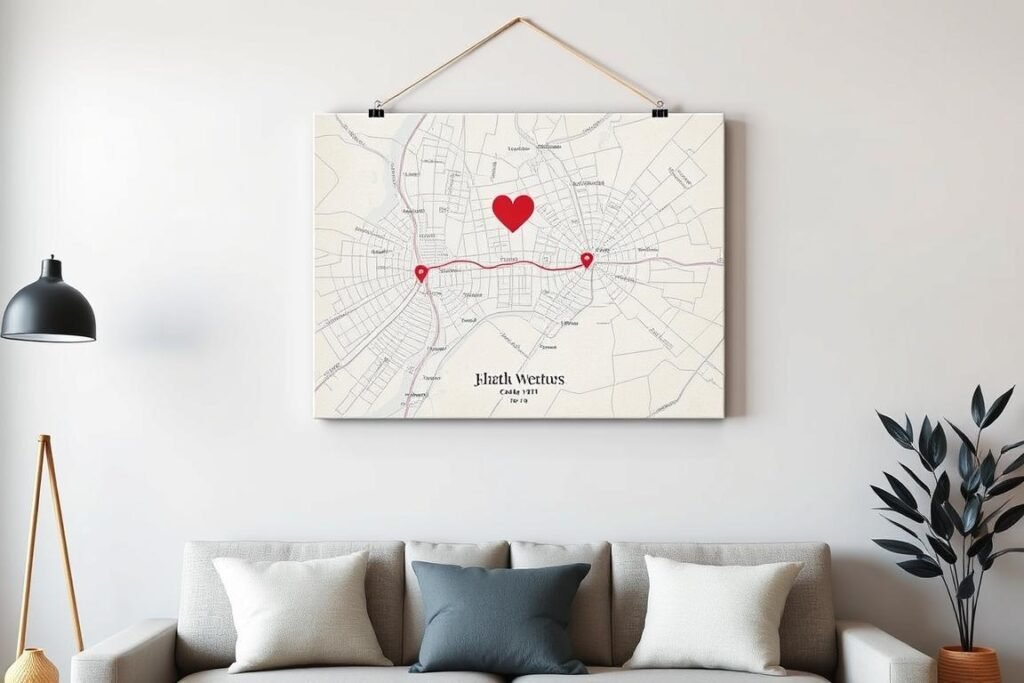 Cotton canvas map art showing special locations for 2 year anniversary gift