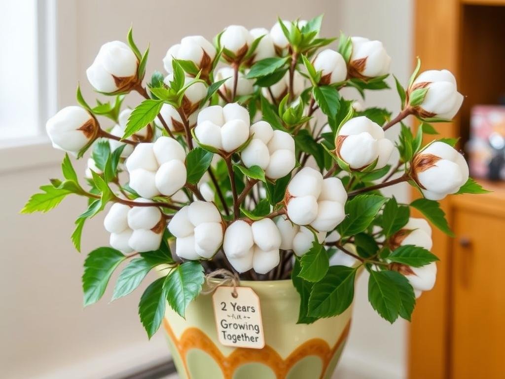 Cotton plant in decorative pot as a symbolic 2 year anniversary gift