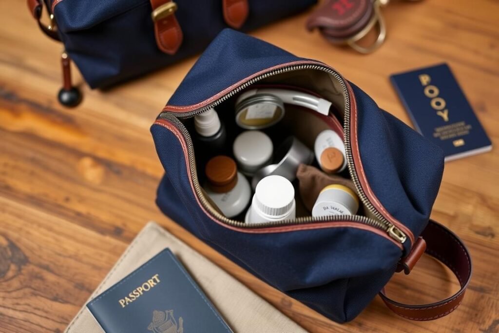 Cotton travel kit with toiletries as a cotton anniversary gift for him