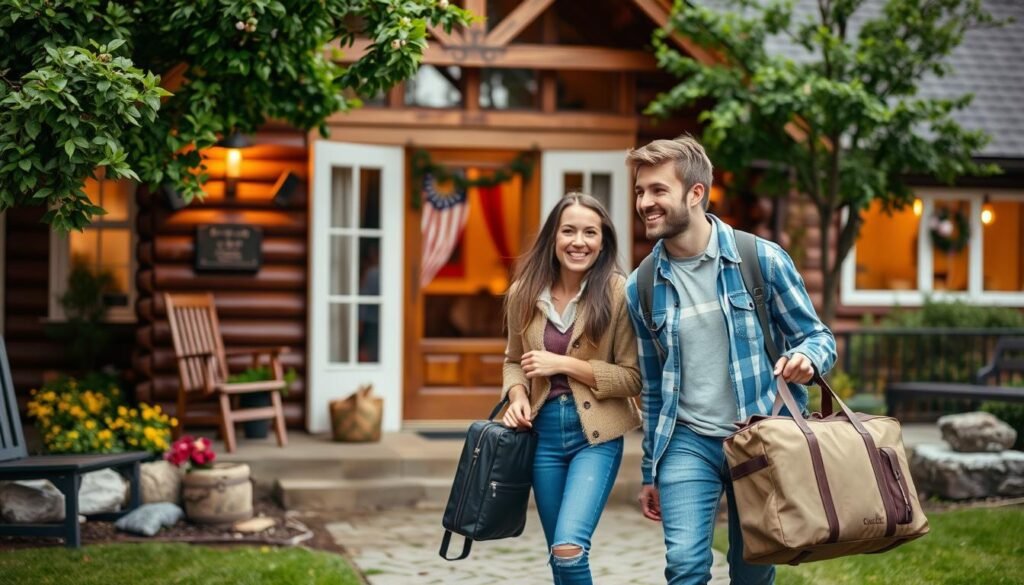 Couple arriving at a romantic weekend getaway destination