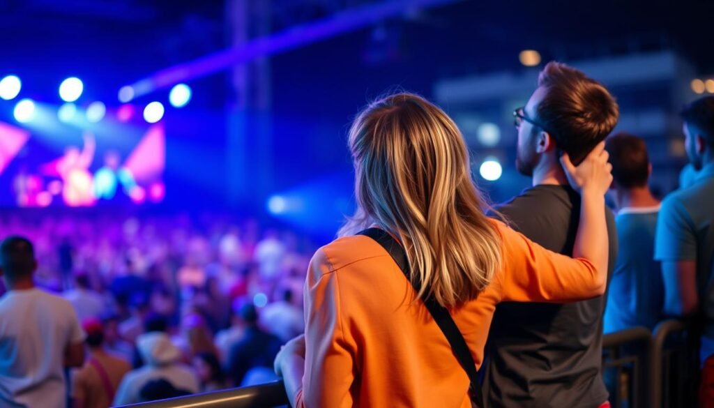 Couple at a concert or music festival enjoying live music together