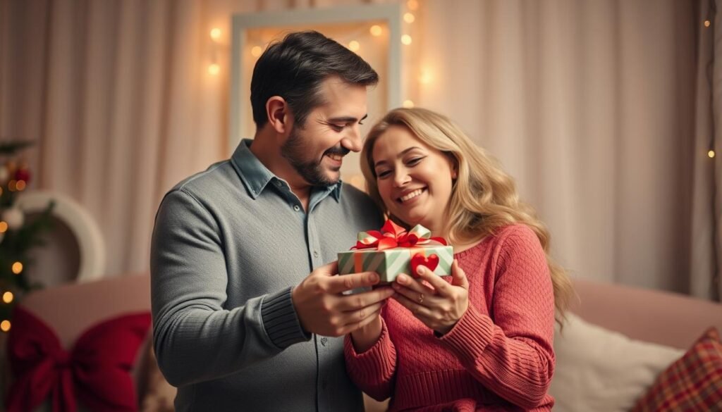 Couple celebrating 3 year anniversary with gifts Couple celebrating 3 year anniversary with gifts