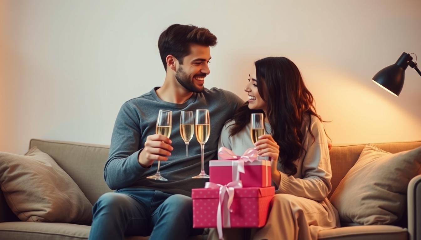 Couple celebrating 6 month anniversary with gifts and champagne