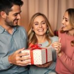 Couple celebrating anniversary with boyfriend opening a thoughtful gift