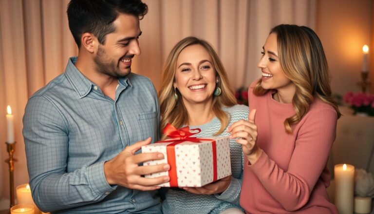 Couple celebrating anniversary with boyfriend opening a thoughtful gift