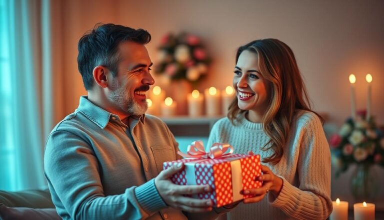 Couple celebrating anniversary with thoughtful gift exchange