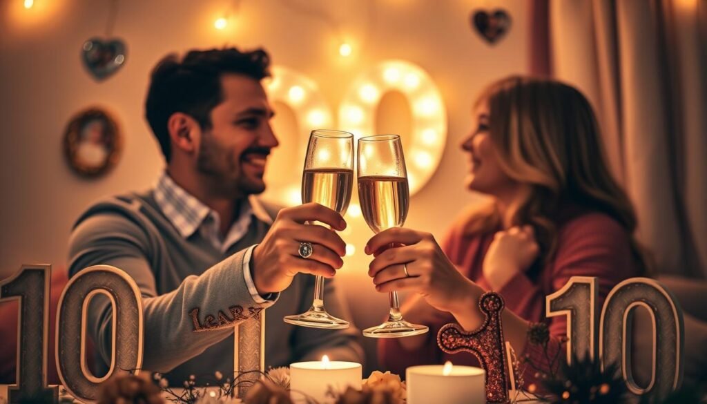 Couple celebrating their 10 year anniversary with champagne toast