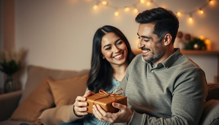 Couple celebrating their 3 year anniversary with leather gifts