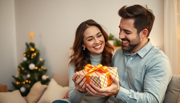Couple celebrating their 4 year anniversary with gifts