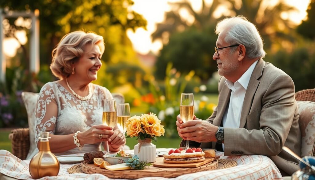 Couple celebrating their 50th anniversary with a special experience like a luxury picnic or wine tasting