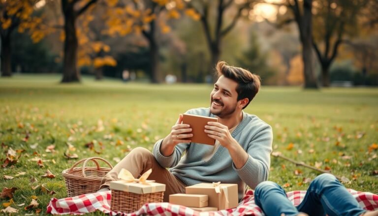 Couple celebrating their 6 month anniversary with a romantic picnic