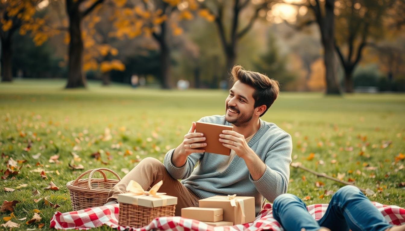 Couple celebrating their 6 month anniversary with a romantic picnic