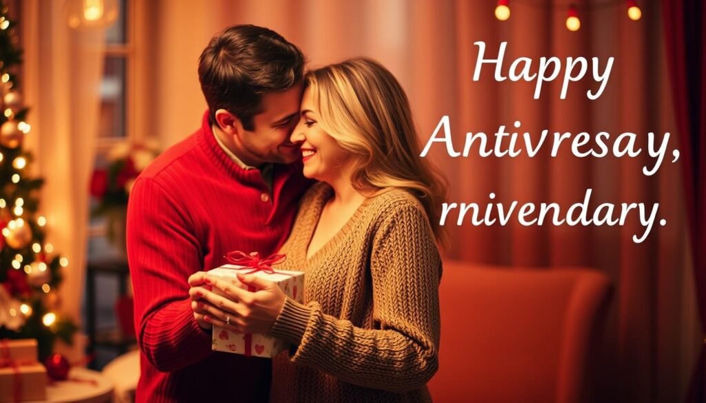 Couple celebrating their anniversary with gifts and affection