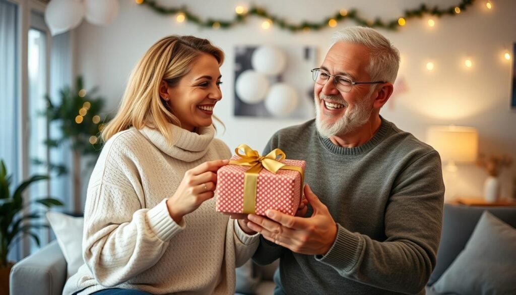 Couple celebrating their first anniversary with gifts
