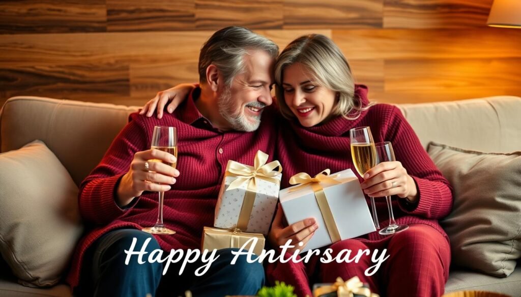 Couple celebrating their paper anniversary with gifts and champagne Couple celebrating their paper anniversary with gifts and champagne