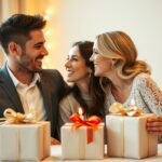 Couple celebrating their paper anniversary with gifts wrapped in decorative paper