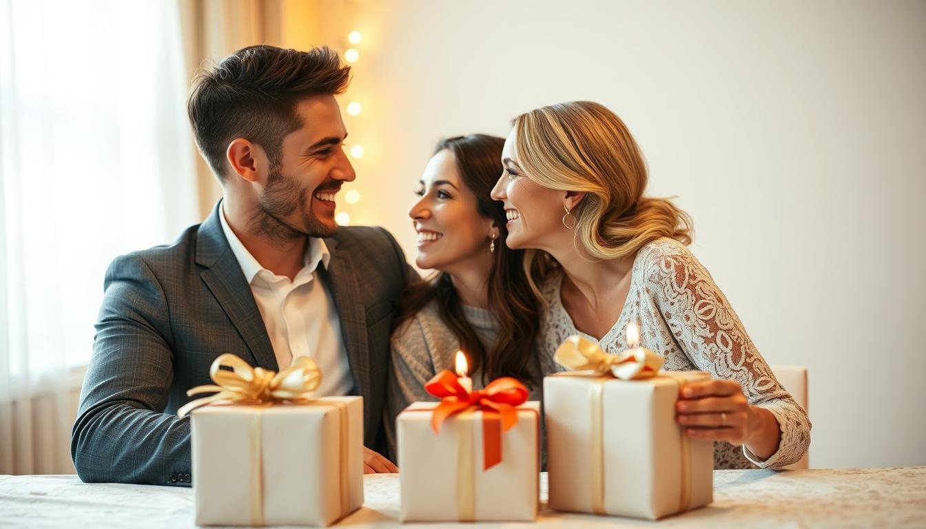 Couple celebrating their paper anniversary with gifts wrapped in decorative paper