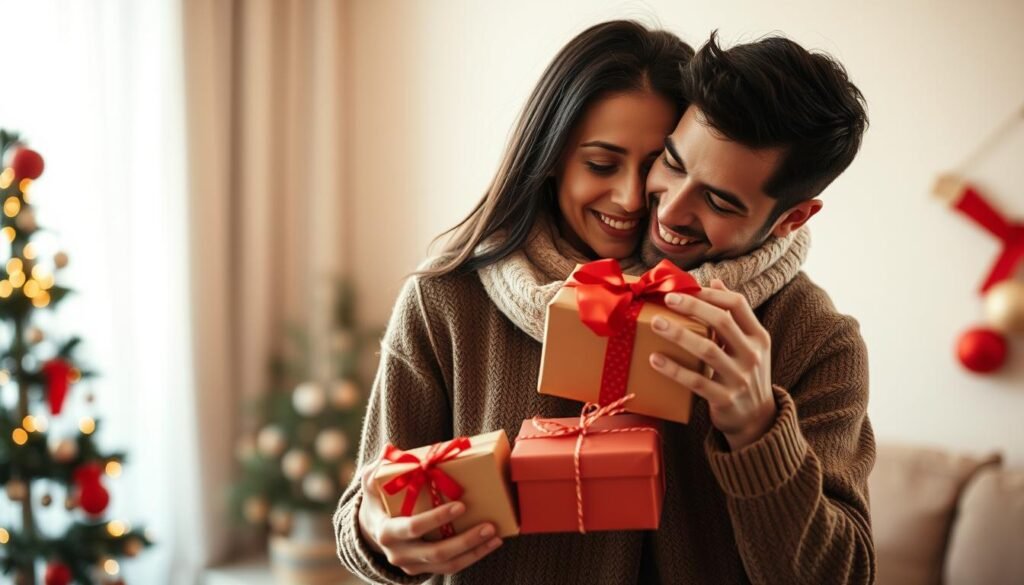 Couple embracing after exchanging romantic gifts showing true meaning of gift giving