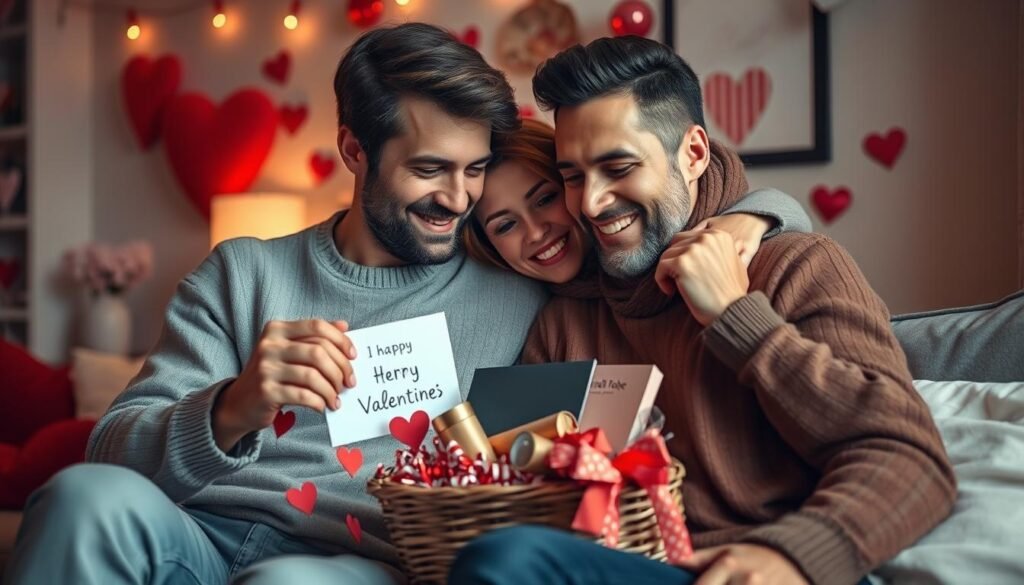 Couple enjoying Valentine's Day with a personalized gift basket