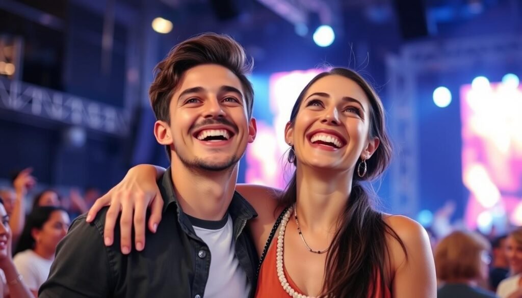 Couple enjoying a concert together as a romantic experience gift for boyfriend