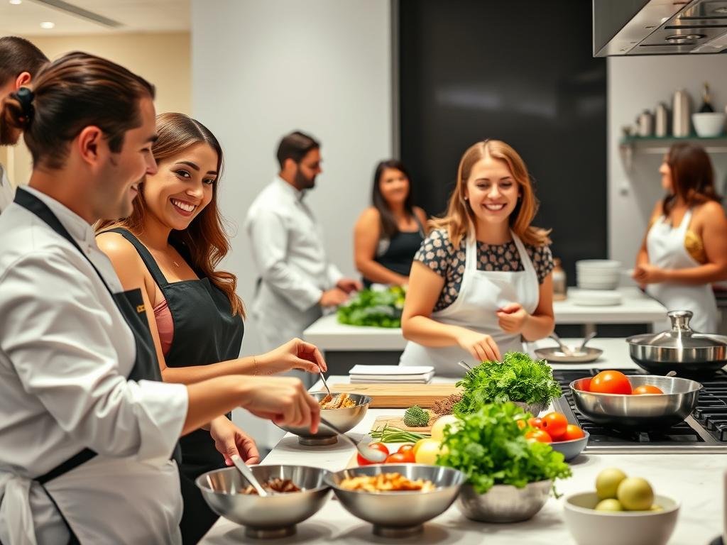 Couple enjoying a cooking class as a 2 year anniversary experience gift