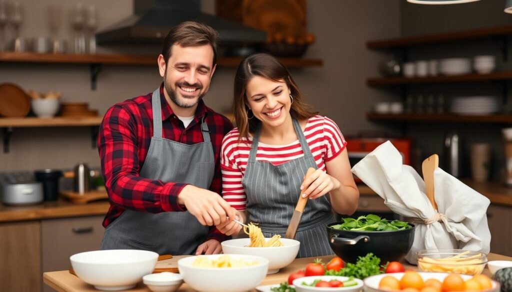 Couple enjoying a cooking class together as an anniversary experience gift