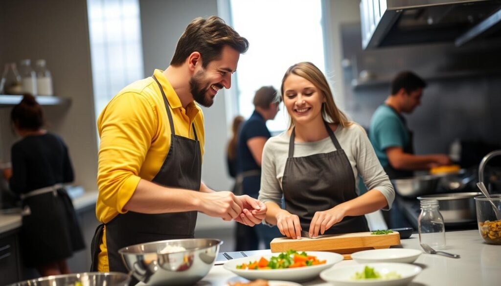 Couple enjoying a cooking class together as boyfriend anniversary gift