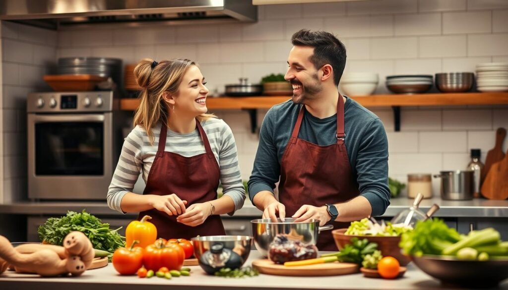 Couple enjoying a cooking class together as valentines gift for girlfriend