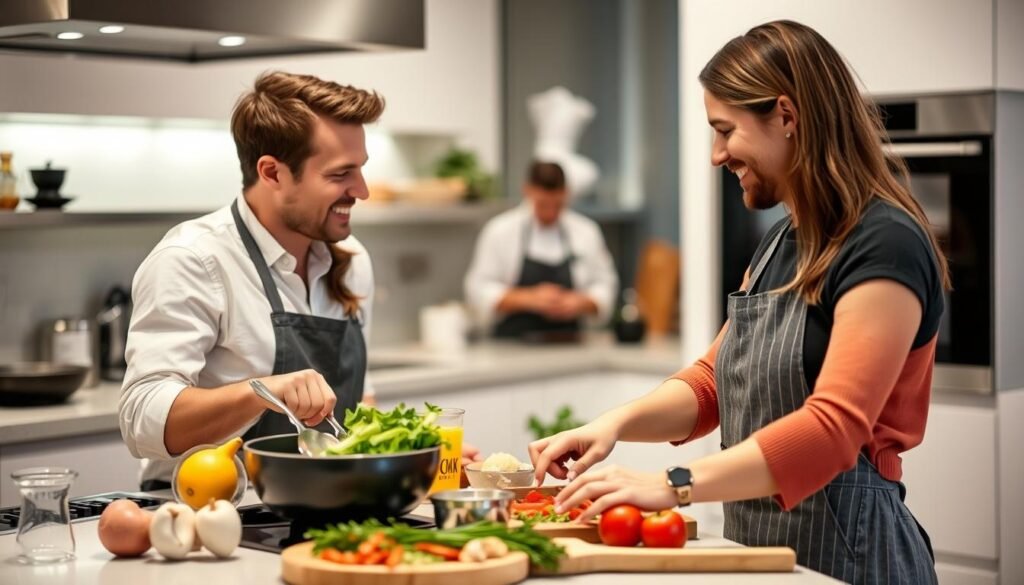 Couple enjoying a cooking class together for anniversary gift