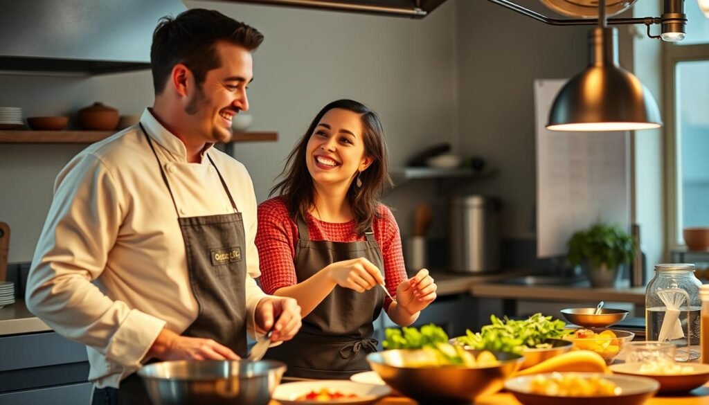 Couple enjoying a cooking class together, laughing while preparing food