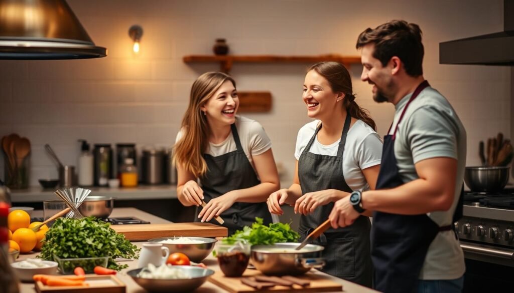 Couple enjoying a cooking class together, laughing while preparing food