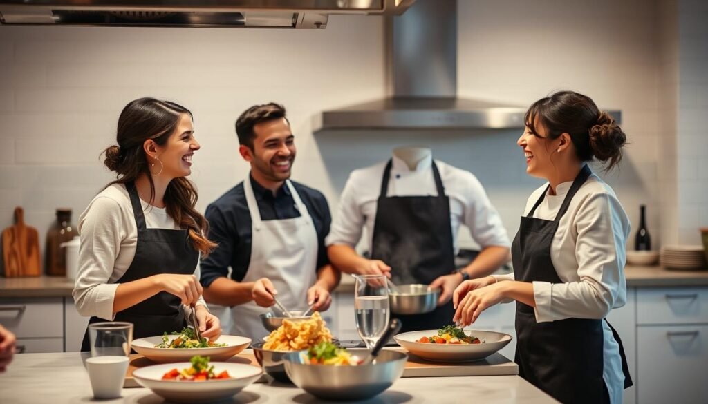 Couple enjoying a cooking class together, learning to prepare gourmet meals