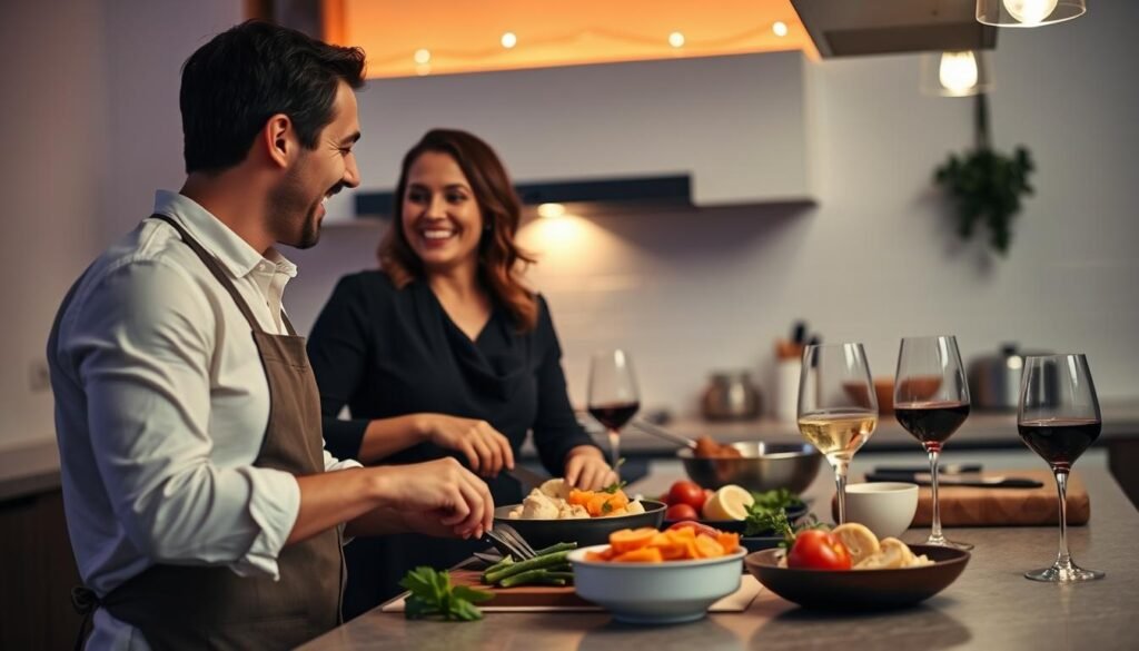 Couple enjoying a romantic cooking class experience as valentine gifts