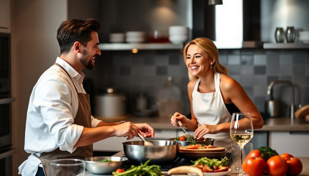 Couple enjoying a romantic cooking class together - romantic valentines gift ideas