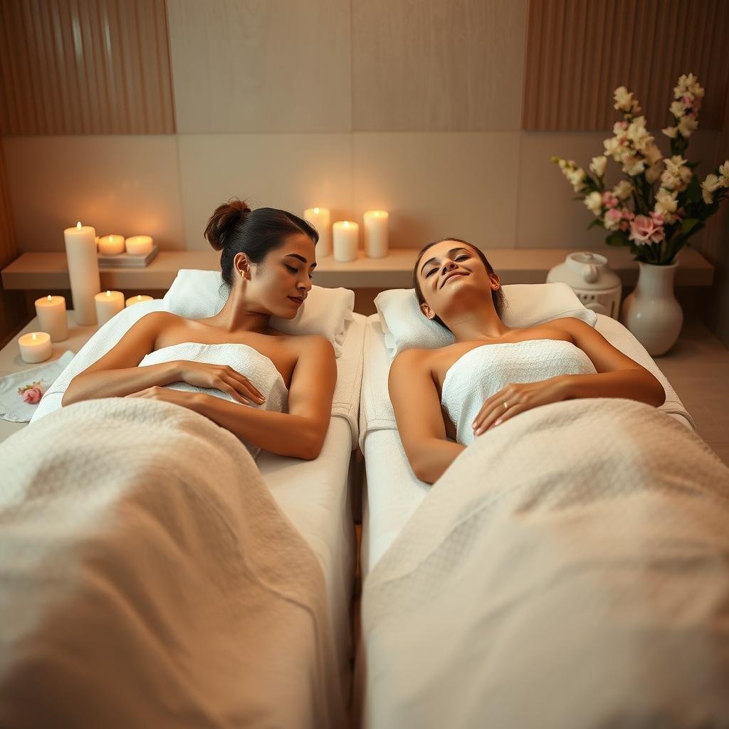 Couple enjoying a spa day with massages for anniversary gifts for her