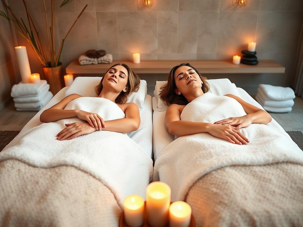 Couple enjoying a spa retreat for their anniversary