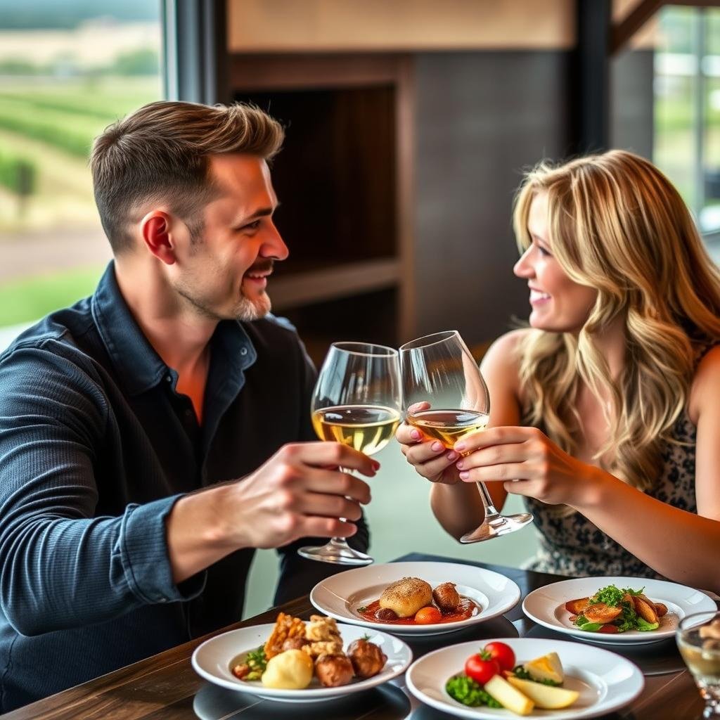 Couple enjoying a wine tasting or food tour for anniversary gift ideas