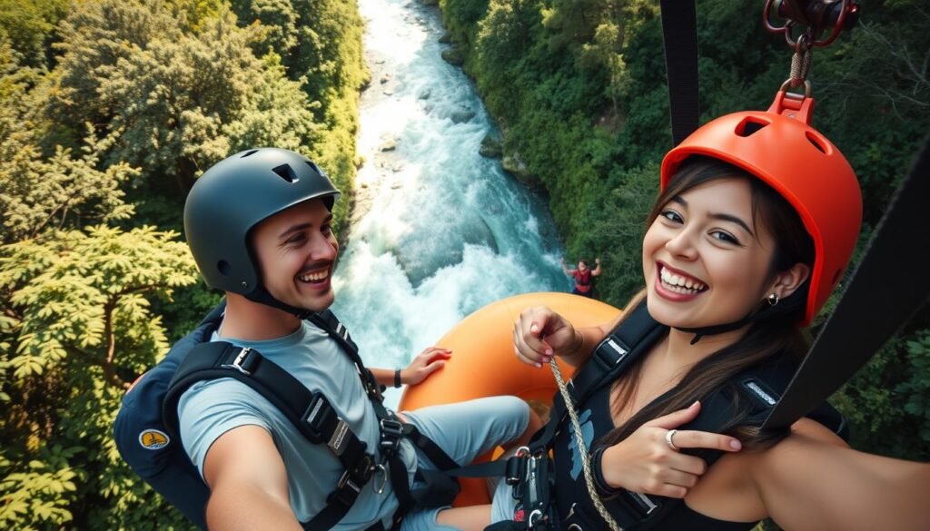 Couple enjoying adventure activity like zip-lining as boyfriend anniversary gift
