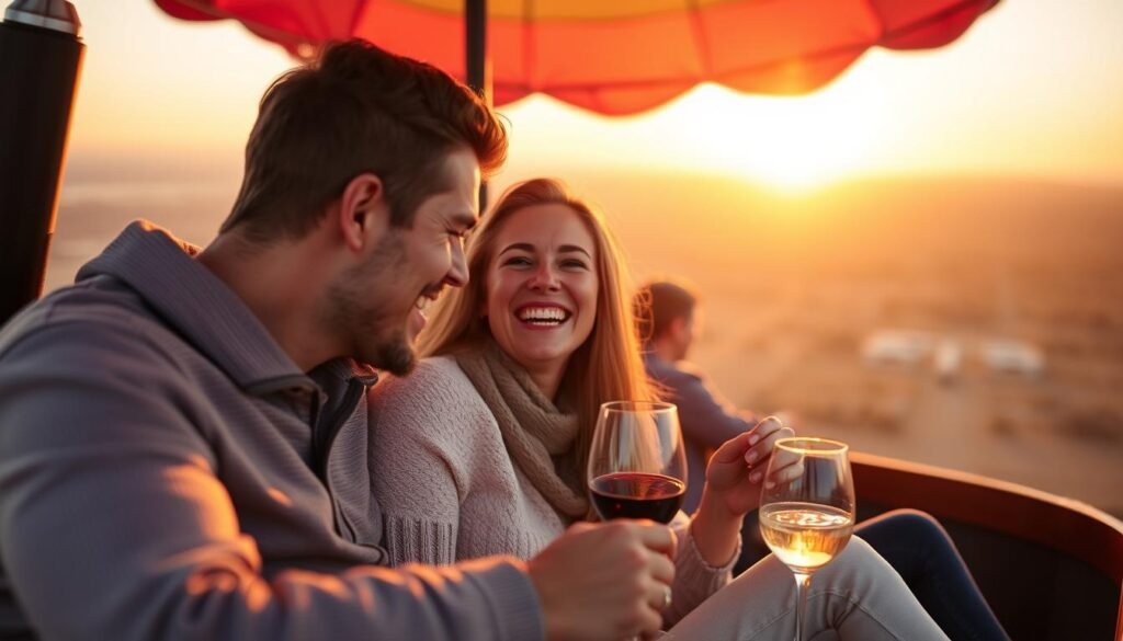 Couple enjoying an anniversary experience gift like a hot air balloon ride or cooking class