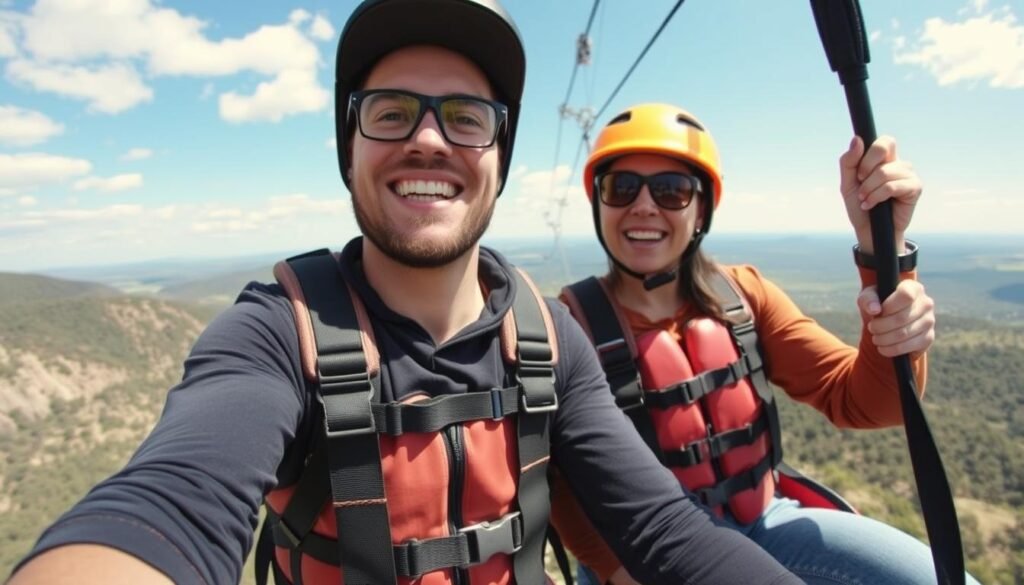 Couple enjoying an outdoor adventure activity as an anniversary gift